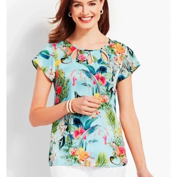 RSVP by Talbots Blouse Aqua Tropical Jungle Print L Flutter Sleeve Floral Monkey - Picture 1 of 9